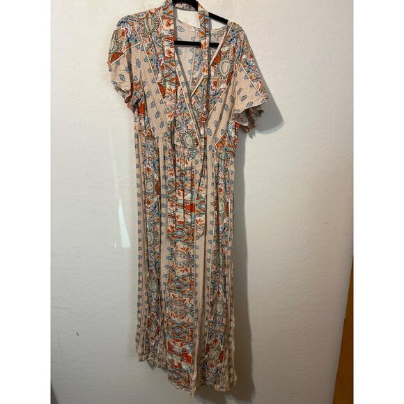 Women Orange Blue Maxi Dress With Belt Tie Sz XL Flutter Sleeves Pullover - Picture 2 of 7